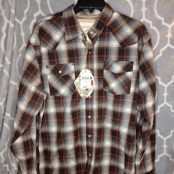 NWT Ditch Plains Men's XL Long Sleeve Button Up Shirt White/Brown/Orange/Tan - Picture 1 of 9